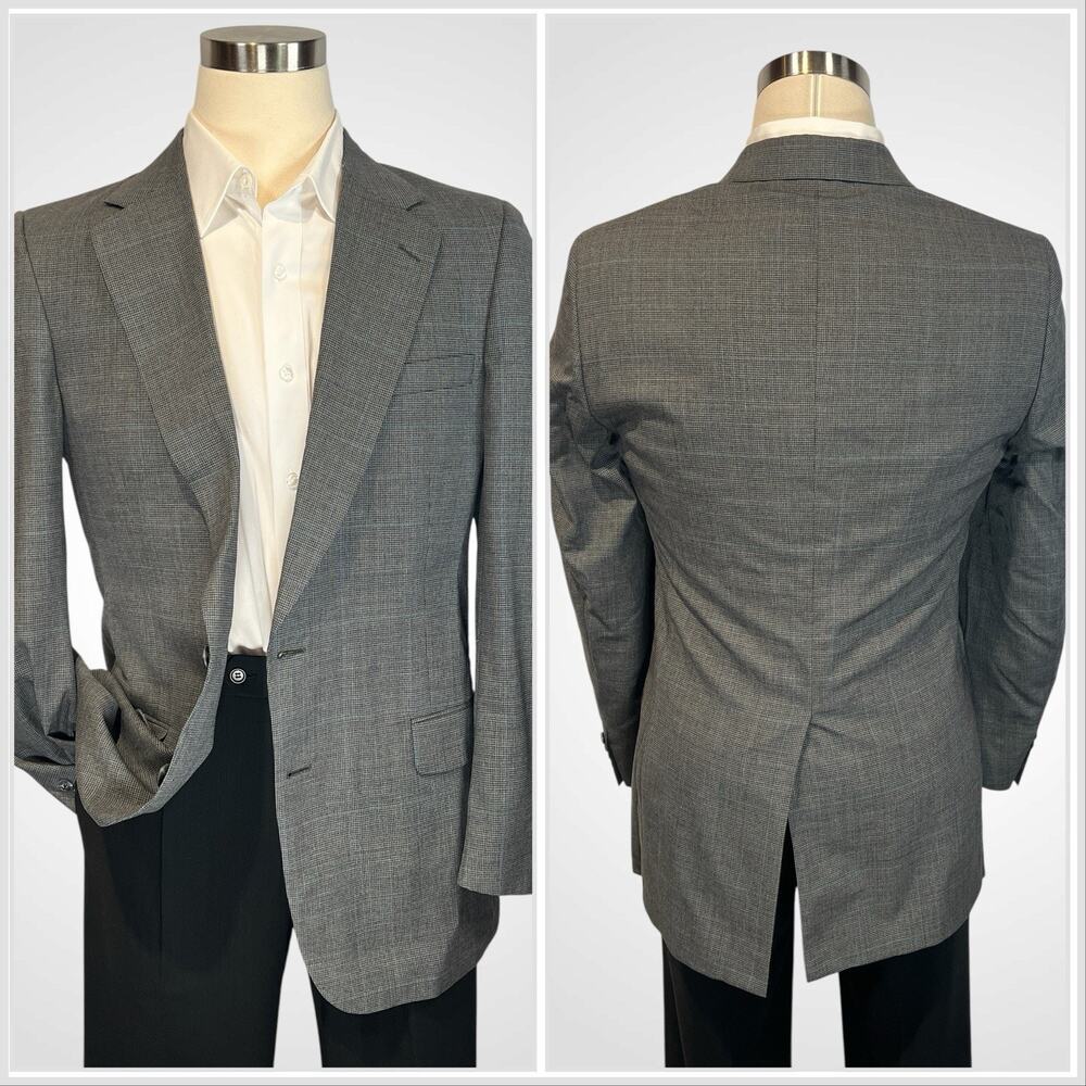 Flaws Vtg Burberry's 40L Gray Puppytooth Subtle Blue Plaid Blazer - Picture 2 of 16